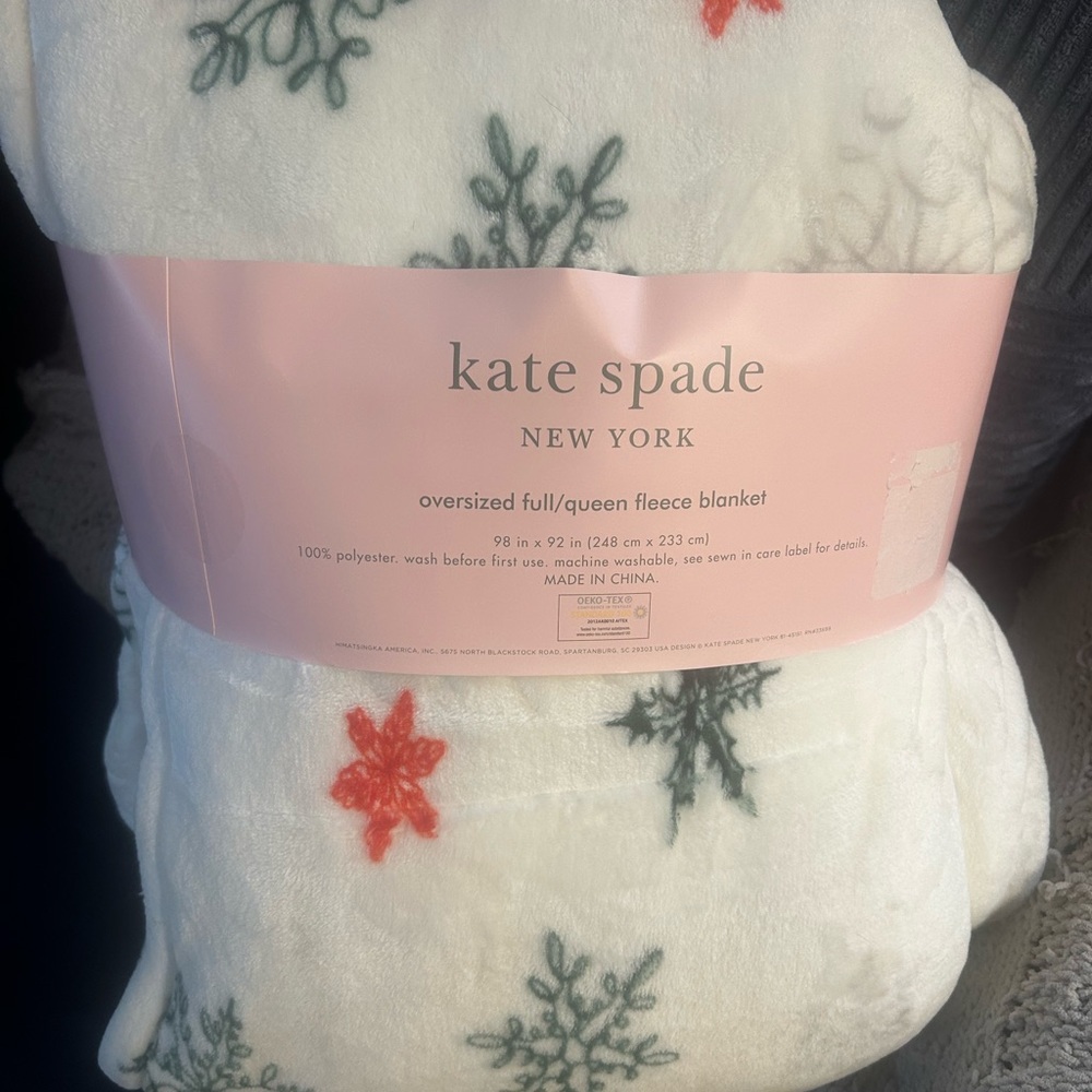 Kate Spade White Fleece Blanket with Red and Green Snowflakes